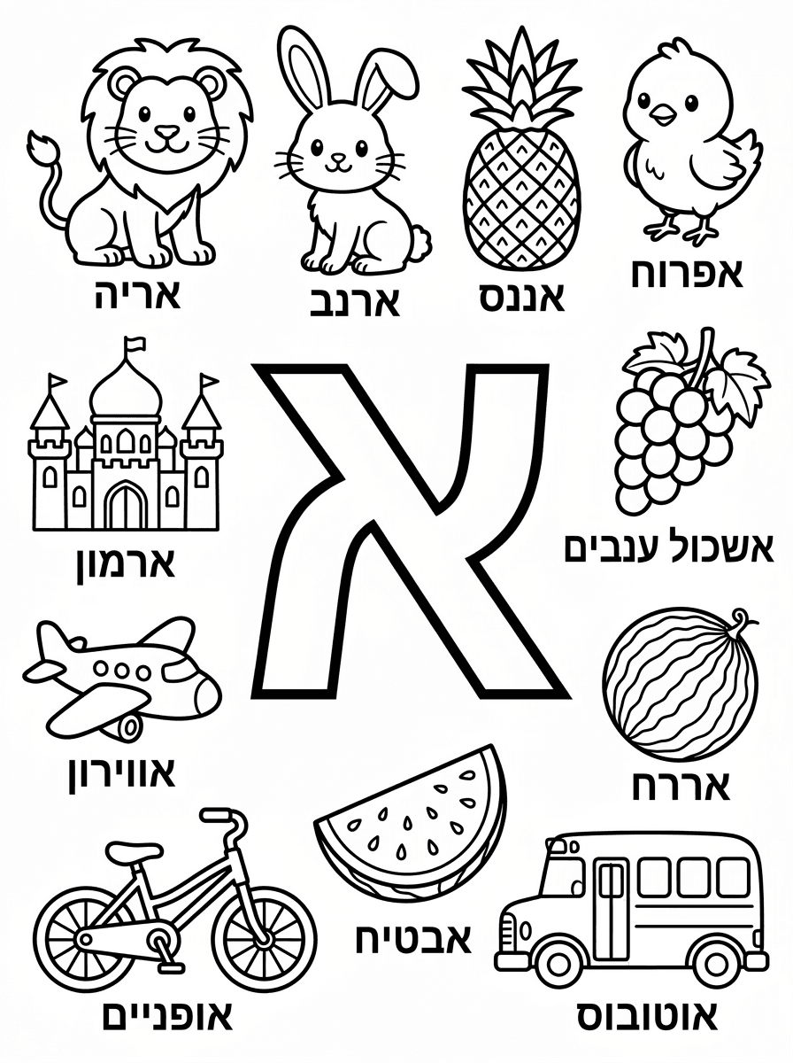צור לי דף לאורך שבמרכז שלו יש את האות א בגדול וחלולה ומסביבה 10 פריטים שמתחילים באות א
