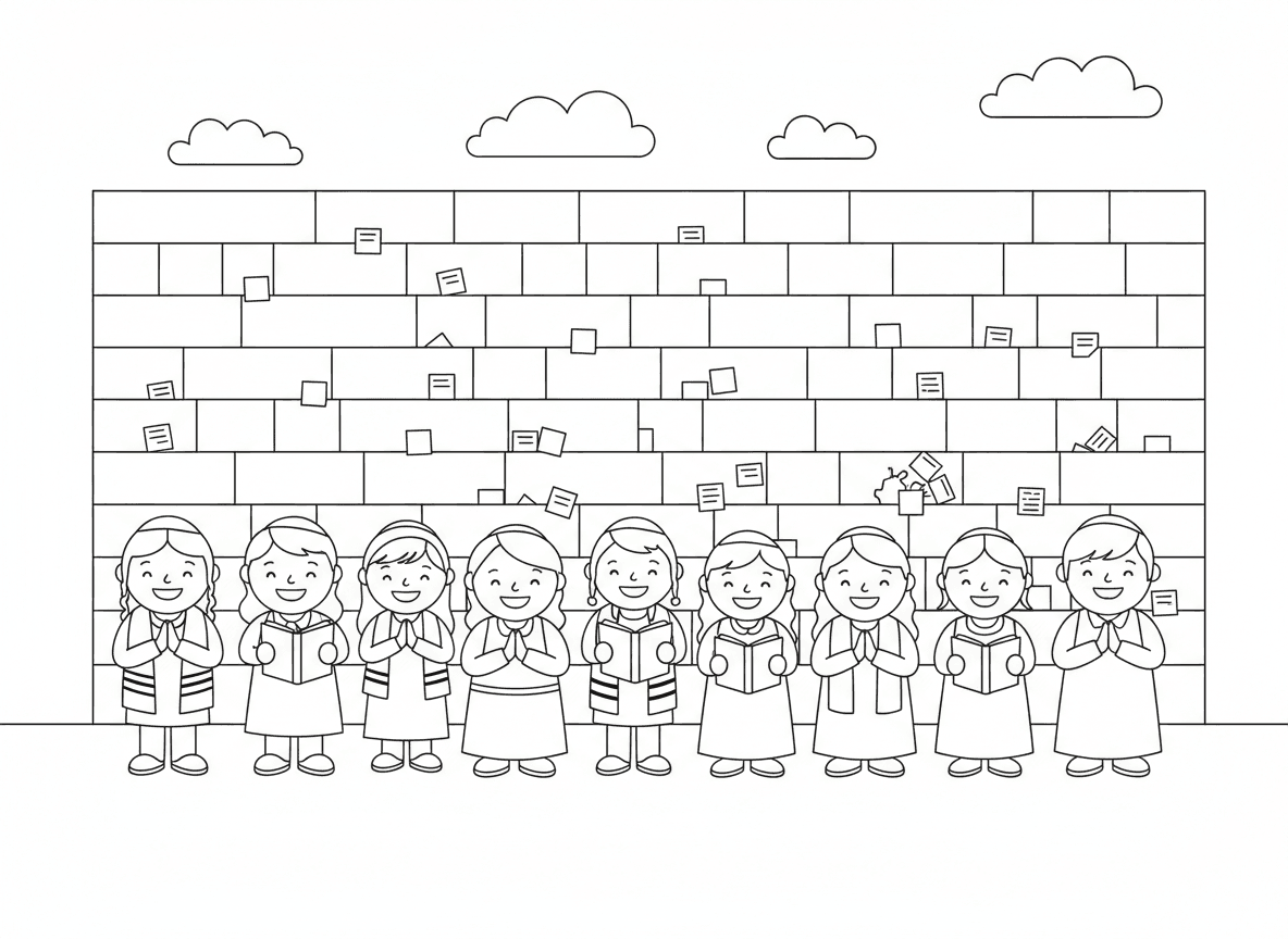 תפילה בכותל בראש השנה - אנשים מתפללים בכותל המערבי בראש השנה, פתקים בקיר, סידורים וטליתות, קהל מגוון, קיר אבן עתיק, שמיים מעל, אווירה רוחנית