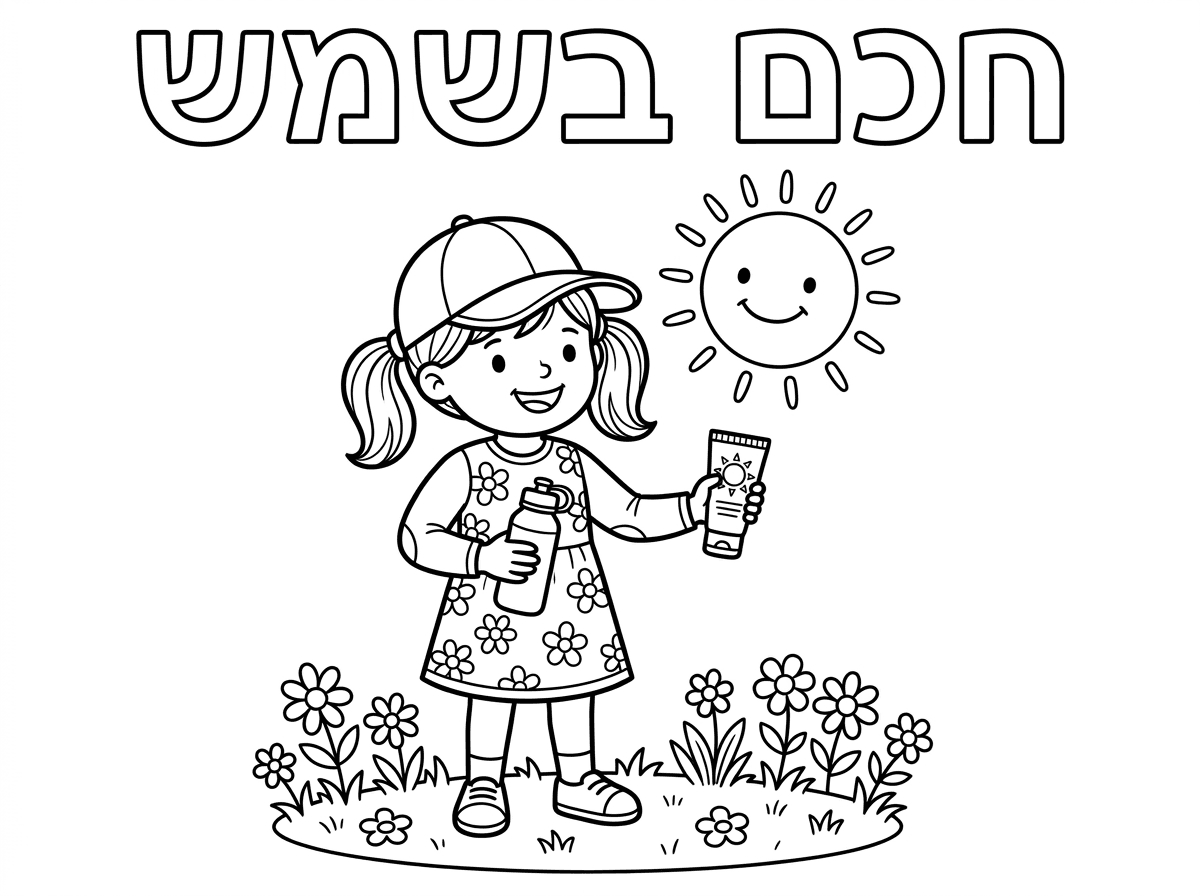 כותרת
אותיות חלולות


חכם בשמש

ילדה עם שמלה פרחונית 
מרפקים מכוסית ברכיים מכוסות

יש לילדה קוקיות ומעל זה כובע מצחיה

הילדה מחזיקה בקבוק מים אישי
ביד השניה מחזיקה קרם הגנה

השמש זורחת 
הילדה עומדת על דשא עם פרחים