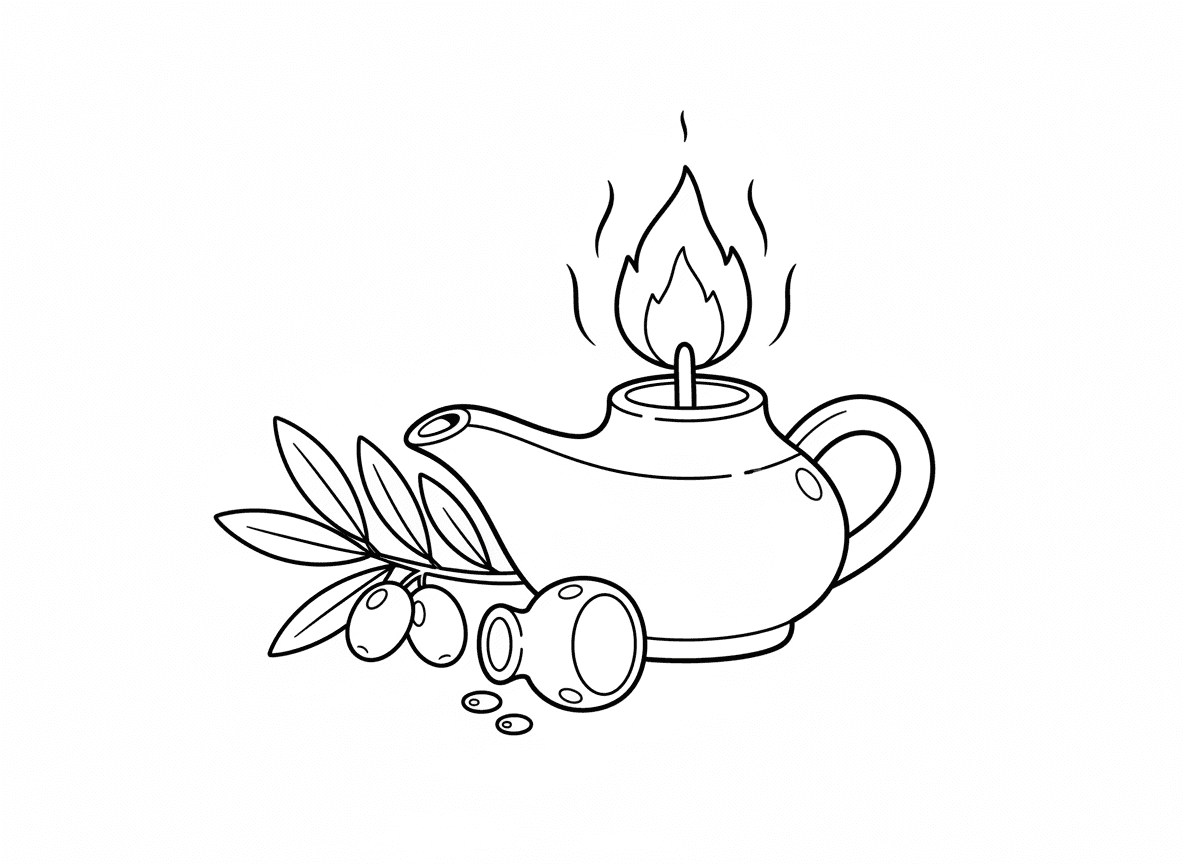 מנורת שמן עתיקה לחנוכה - מנורת שמן בסגנון עתיק (כמו אלה שבבית המקדש), מנורת שמן מחרס עם להבה בוערת, שמן זית, ענף זית, סגנון ממצא היסטורי, זוהר זהוב חם, פשוט אך קדוש