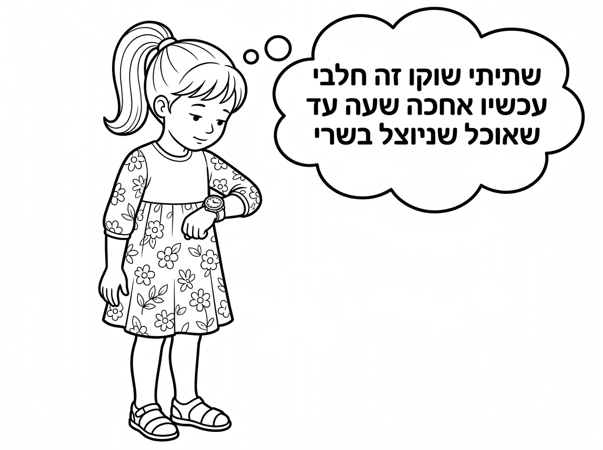 ילדה עם קוקו
שמלה פרחונית שמכסה את הברך והמרפק
עם גרביונים וסנדלים

מסתכלת על השעון שביד שלה
בענן מחשבות
ומנסה לחשב

כתוב
שתיתי שוקו זה חלבי 
עכשיו אחכה שעה עד שאוכל שניצל בשרי