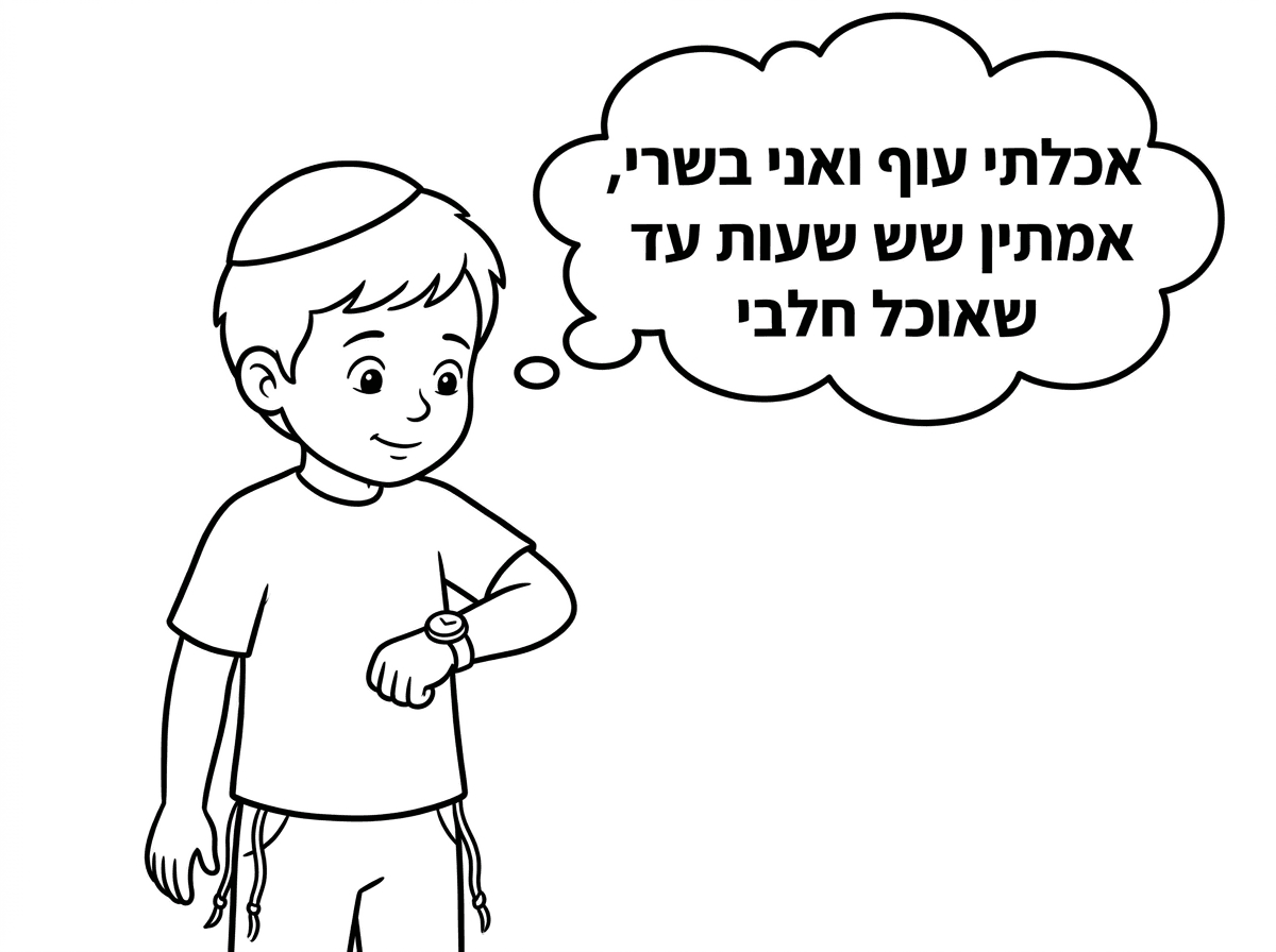 ילד עם כיפה וחוטי ציצית לצד המכנסיים

מסתכל על שעון היד ובענן מחשבות כתוב:

אכלתי עוף ואני בשרי,
אמתין שש שעות עד שאוכל חלבי