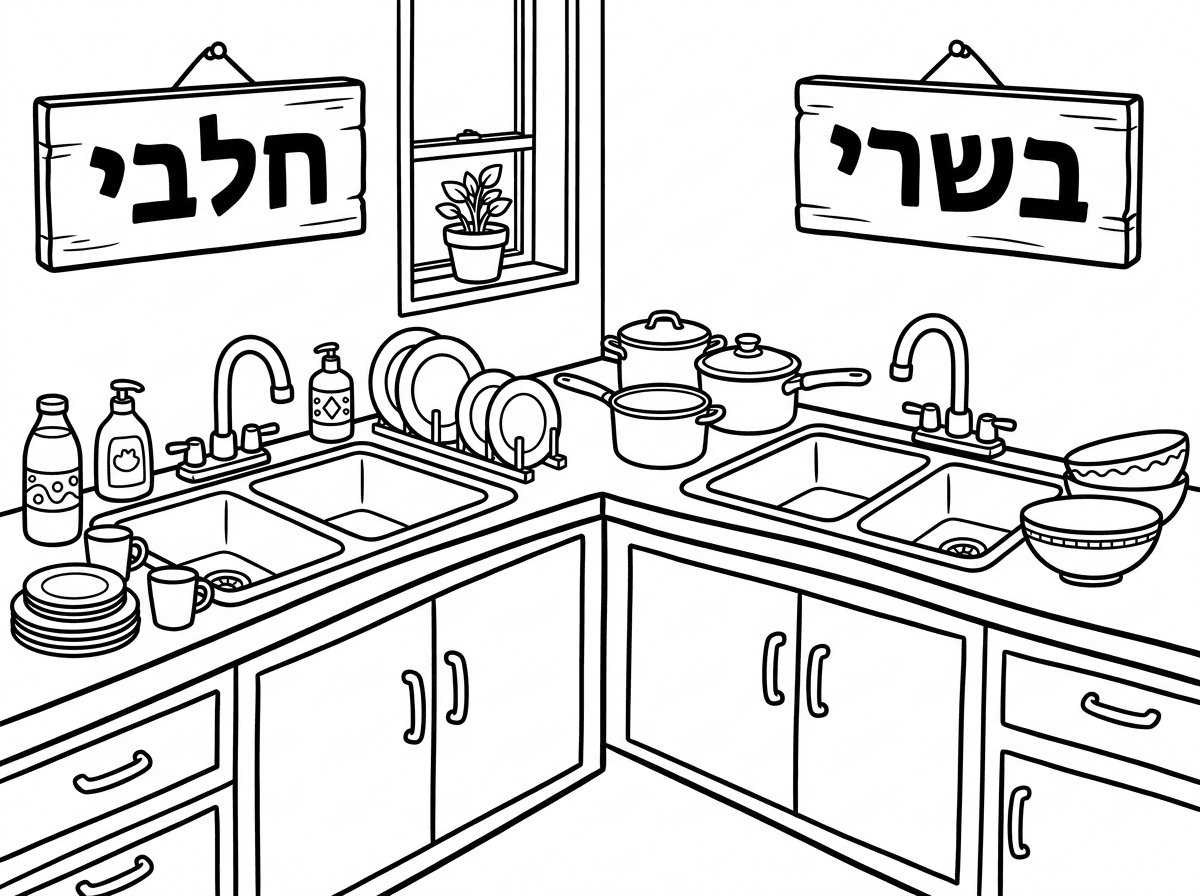 ציור של מטבח
שני כיורים
בצד ימין מעל הכיור כתוב בשרי

בצד שמאל מעל הכיור כתוב חלבי

יש הפרדה בין הכיורים