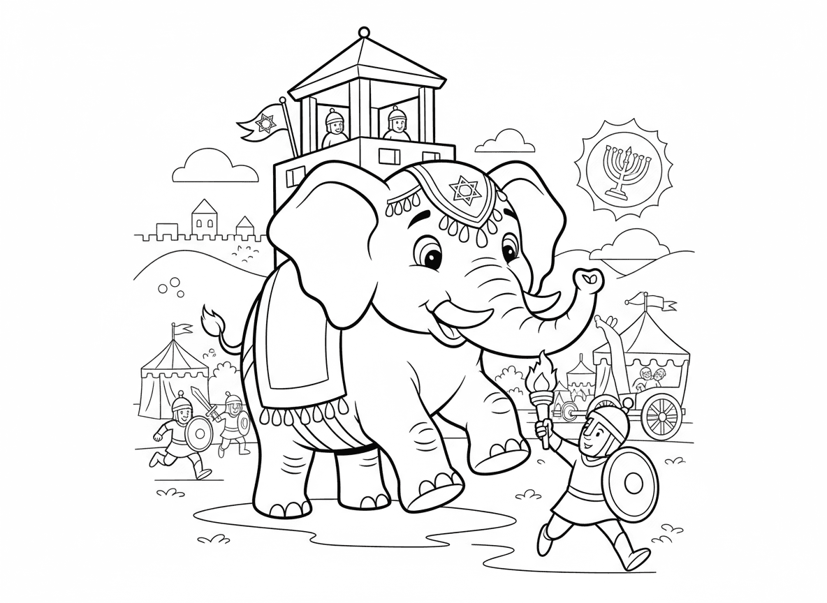 הפיל מסיפור חנוכה - פיל מלחמה מסיפור חנוכה (אומץ אלעזר), פיל גדול מעוטר עם מגדל על הגב, סצנת קרב עתיקה, גרסה ידידותית לילדים, לוחמי מכבים, רגע דרמטי