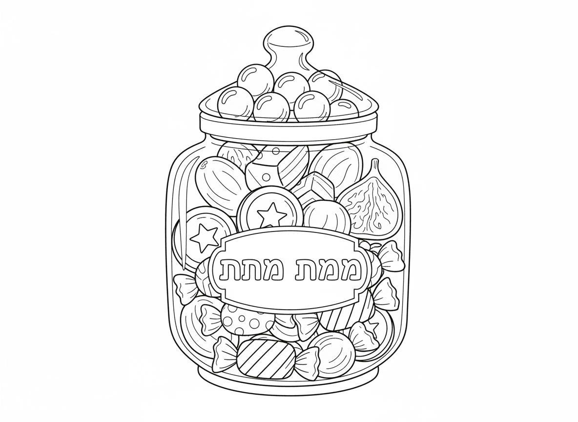 צנצנת ממתקים לשנה מתוקה - צנצנת מלאה ממתקים מתוקים לשנה מתוקה: סוכריות דבש, טופי, פירות יבשים, מטבעות שוקולד, סוכריות צבעוניות עטופות, צנצנת עם תווית שנה מתוקה