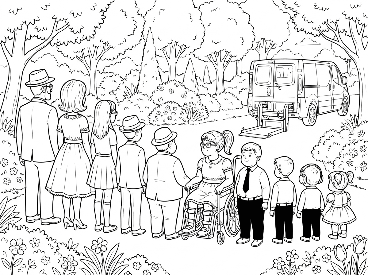 משפחת כהן
עומדים לצילום מאחרי בפרק מלא עצים ופרחים
אבא עם כובע וחליפה ועניבה ומשקפים 
אמא עם פאה לבושה בשמלה חגיגית
בחורה כבת 17 בלבוש חגיג עם חצאית ומשקפים 
בחור כבן 14 עם כובע וחליפה ומשקפים 
בחור כבן 13  קצת שמנמן עם כובע וחליפה ומשקפים
ילדה כבת 12 בכיסא גלגלים וסדים ברגליים עם קוקו וחצאית בלבוש חגיגי ומשקפים וקצת שמנמנה
ילד כבן 10 וקצת שמנמנן במכנס שחור וחולצה לבנה ועניבה ומשקפים 
ילד כבן 8 לובש מכנס שחור וחולצה לבנה ועניבה 
ילד כבן 7 לובש מכנס שחור וחולצה לבנה עם אוזניות
ילדה כבת 4.5 לבושה חגיגי עם שמלה ושמנמנה
בצד רחוק נראה רכב מסוג טרפיק עם מעלון נכים חונה בחניה