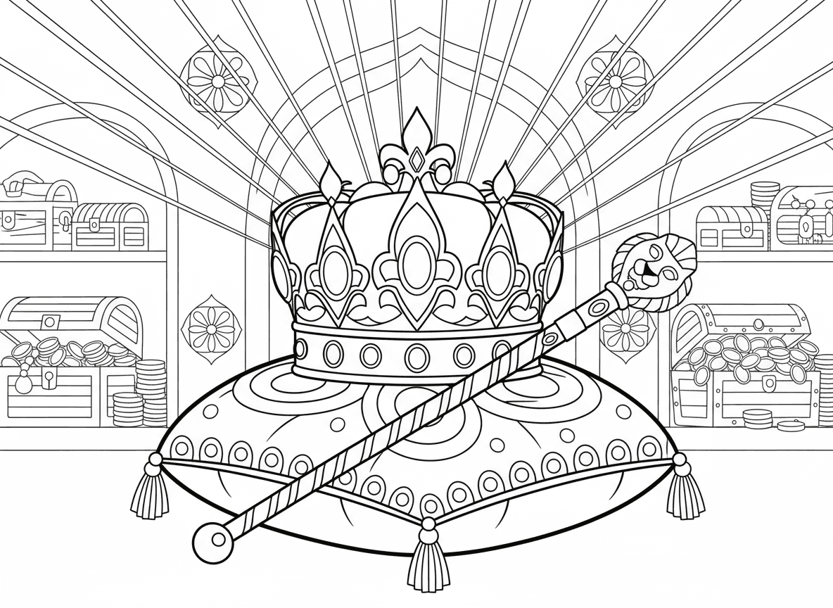 כתר ושרביט המלך אחשוורוש - כתר מלכותי פרסי מעוטר ושרביט זהב מוצגים על כרית קטיפה, תכשיטים ואבני חן, דוגמאות עיצוב פרסי, רקע חדר אוצרות הארמון, אור זהוב