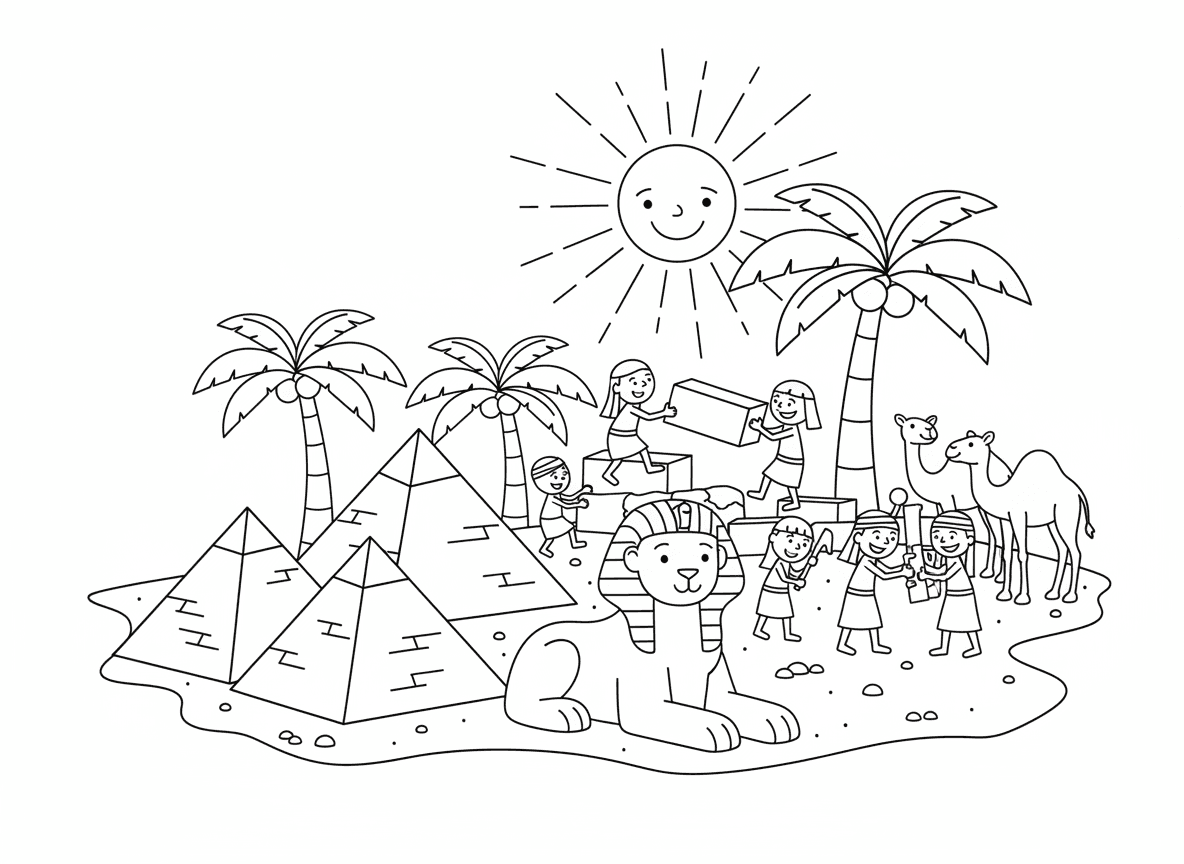 פירמידות מצרים - הפירמידות הגדולות של מצרים עם הספינקס, בני ישראל בונים ברקע, נוף מדברי, דקלים, גמלים, שמש זורחת, חול בכל מקום