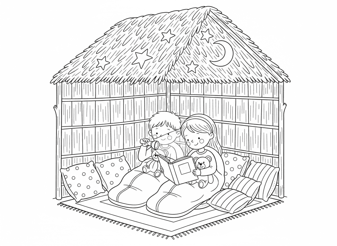 ילדים ישנים בסוכה - ילדים ישנים בשקי שינה בתוך הסוכה בלילה, כוכבים נראים דרך הגג, סיפורי פנס, דובונים, שמיכות, כריות נעימות, סוכה קסומה בלילה