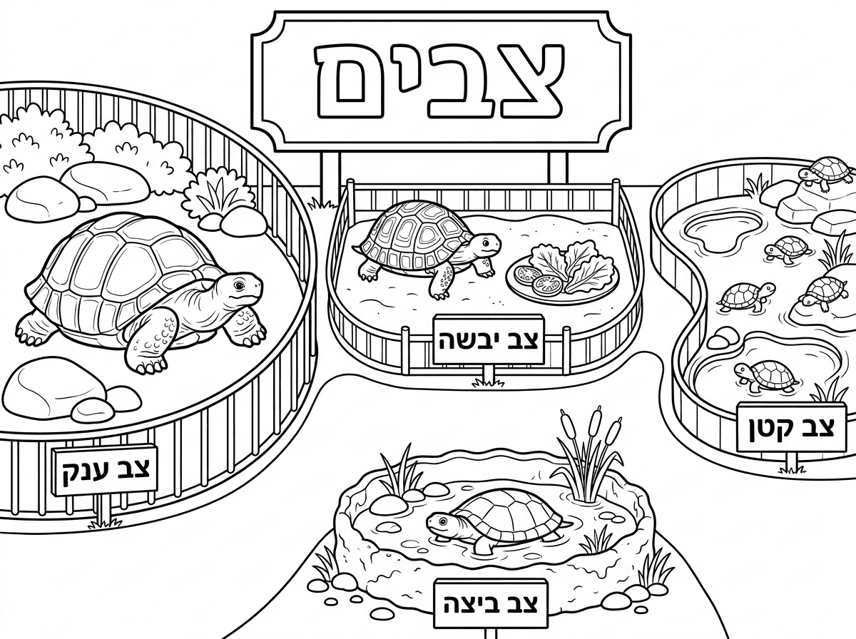 אני רוצה דף צביעה של גן חיות בהמשכים כול פעם יש חלק אחר של גן חיות היום אני רוצה את החלק עם הזוחלים.
בציור אמור להיות את הכלוב של החיה הבאה:
מחלקת הצבעים שמאל אמור להיות כלוב גדול מאוד של צב ענק בכלוב צריך להיות אבנים גדולות, באמצע צריך להיות כלוב בינוני של צב רגיל בכלוב צריך להיות חול וצלחת עם חסה ועגבניות. בצד ימין יש כלוב של צב קטן בכלוב יש מכלות בעמצה למטה יש כלוב קטן של צב ביצות בכלוב יש מים/בוץ וסלעים קטנים. למעלה יש שלט גדול של צבעים וליד כול אחד יש שלט