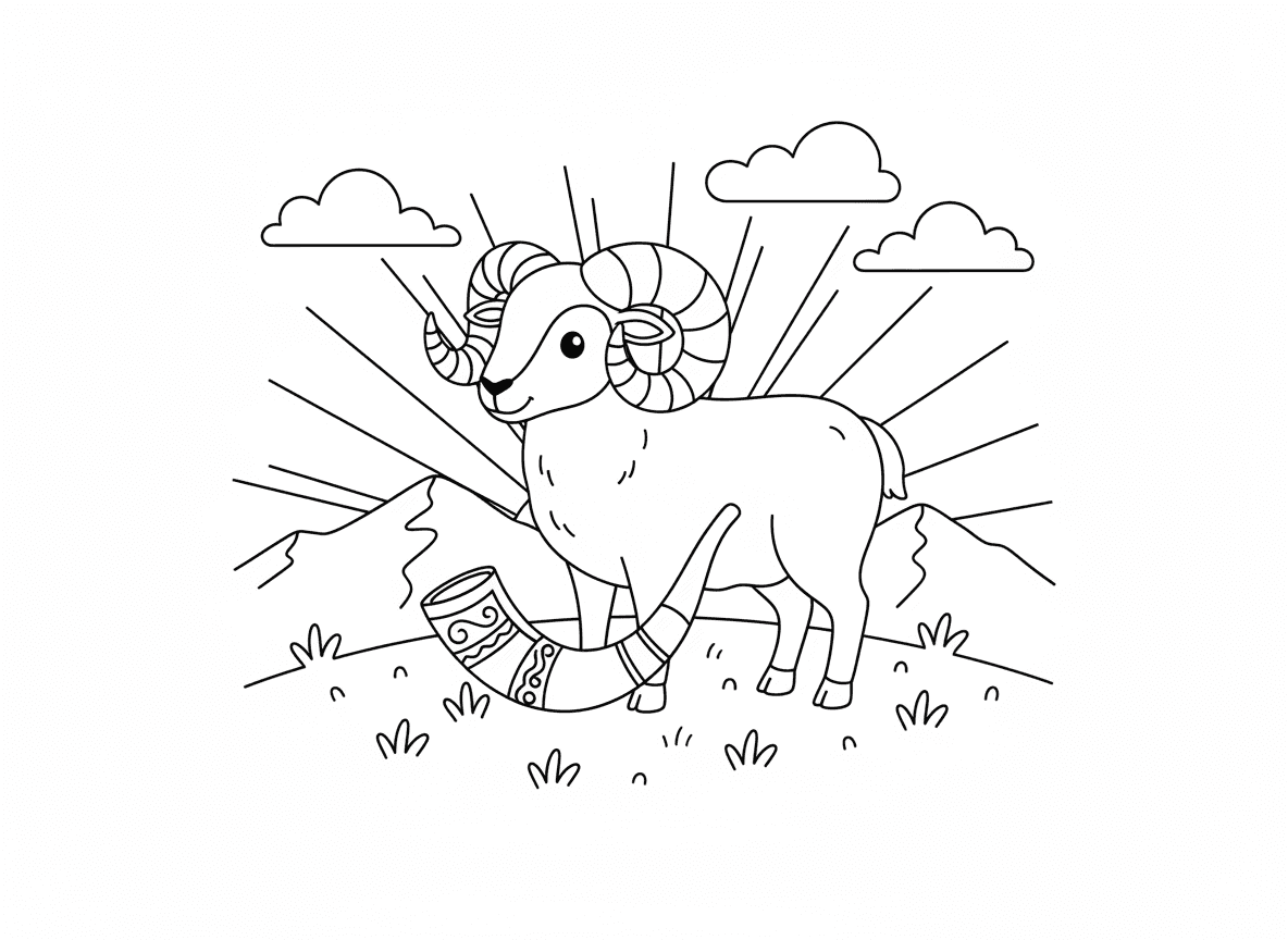 איל ושופר - איל עדין עומד על גבעה עם שופר לצידו, מחבר את החיה לכלי, נוף הררי, זריחה, סמלי ושליו, דשא ירוק, שמיים כחולים