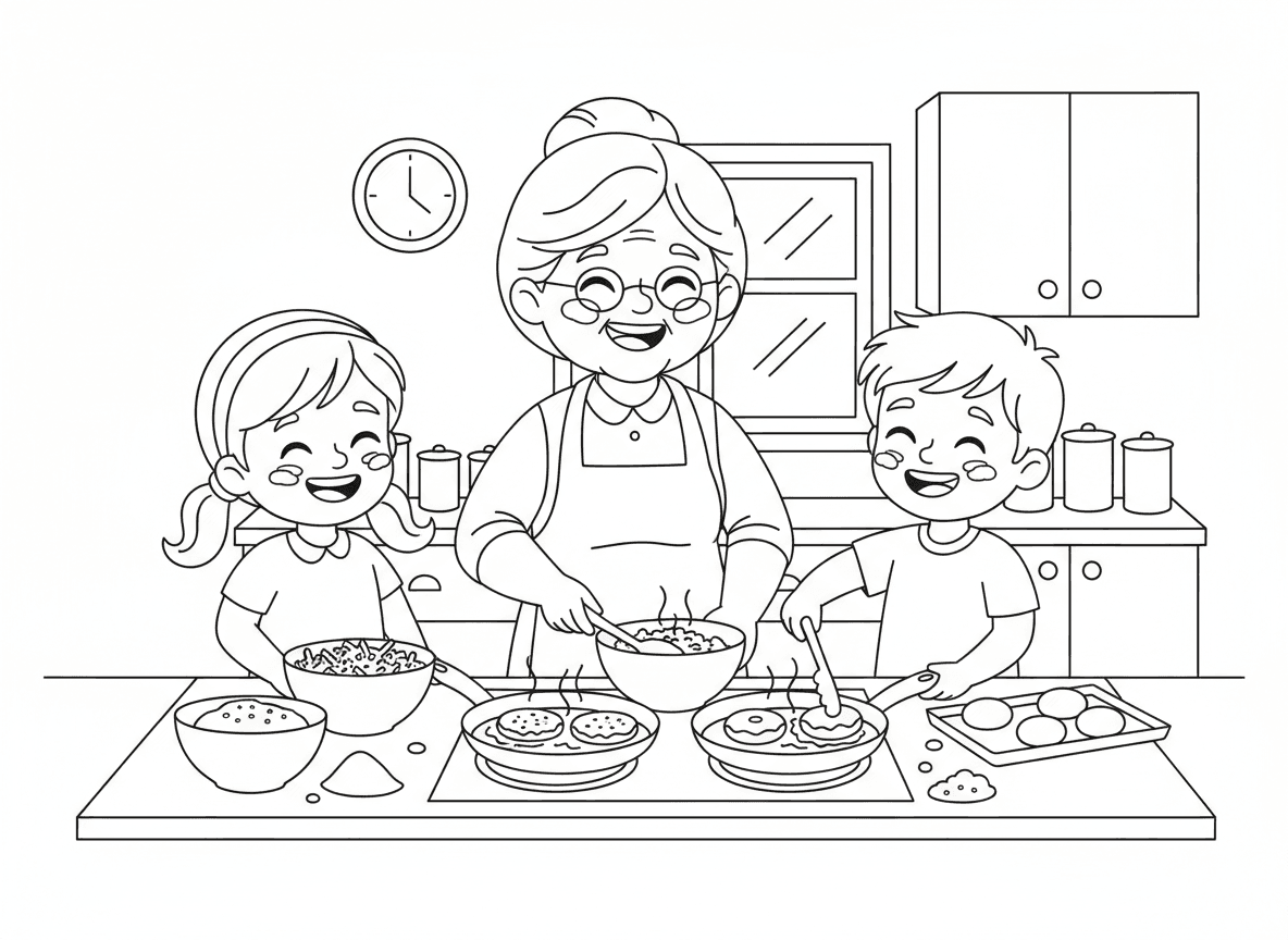מכינים לביבות וסופגניות ביחד - סבתא ונכדים מכינים לביבות וסופגניות יחד במטבח, מחבתות מטגנות, בצק ותפוחי אדמה, קמח על הפנים, מבשלים יחד, סצנה משפחתית חמה