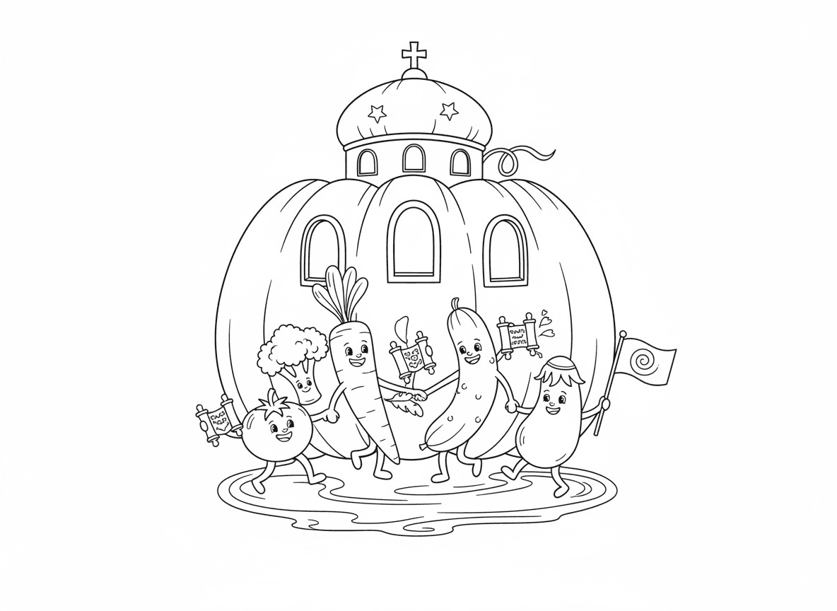 שמחת תורה של ירקות רוקדים - ירקות רוקדים עם ספרי תורה זעירים, גזר ומלפפון בריקוד מעגל, עגבנייה נושאת דגל, חציל עם כיפה, כולם רוקדים בשמחה בבית כנסת עשוי מדלעת