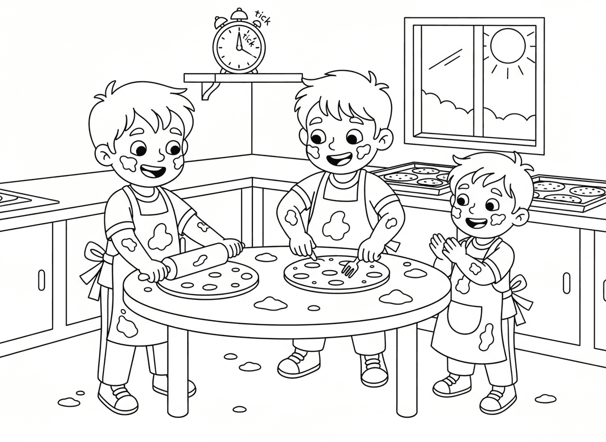 ילדים מכינים מצות - ילדים במטבח מכינים מצות יחד, מרדדים בצק, מנקבים חורים עם מזלגות, קמח על הפנים, סינרים, טיימר מתקתק, פעילות אפייה כיפית, מבולגן אבל שמח