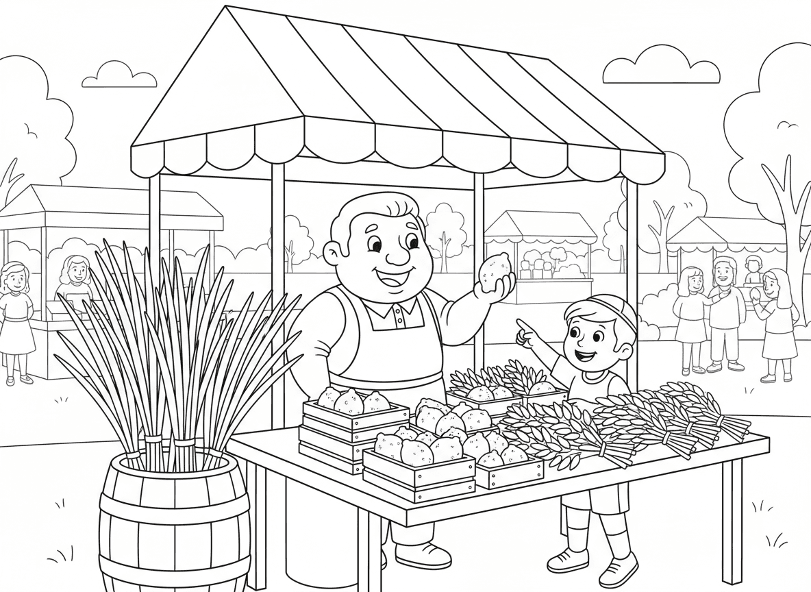 דוכן שוק לולב ואתרוג - דוכן שוק המוכר את ארבעת המינים לסוכות, חבילות לולבים, קופסאות אתרוגים, חבילות הדסים וערבות, מוכר עוזר ללקוח לבחור, סצנת שוק חוצות צבעונית