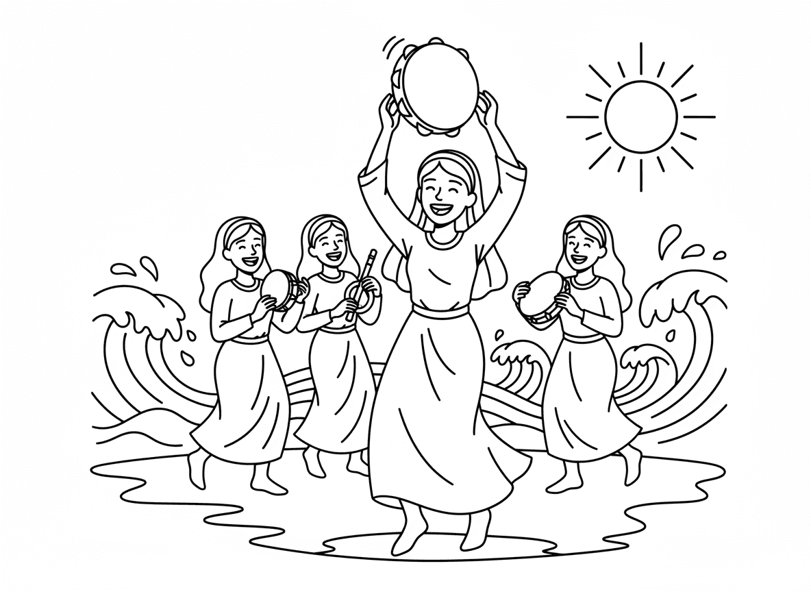 מרים רוקדת עם תוף - מרים הנביאה רוקדת בשמחה עם תוף מירים על שפת ים סוף אחרי החציה, נשים אחרות רוקדות ושרות מאחוריה, גלים, חגיגה, כלי נגינה