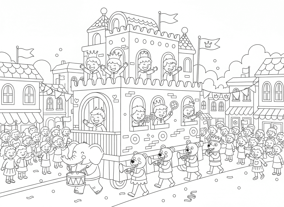 מצעד רחוב עם רכב פורים - רכב מצעד פורים צבעוני מעוטר כארמון שושן, ילדים מנופפים מהרכב, תזמורת צועדת, קונפטי, קהל צופה, רחוב עיר מעוטר לפורים, שלטים ודגלים