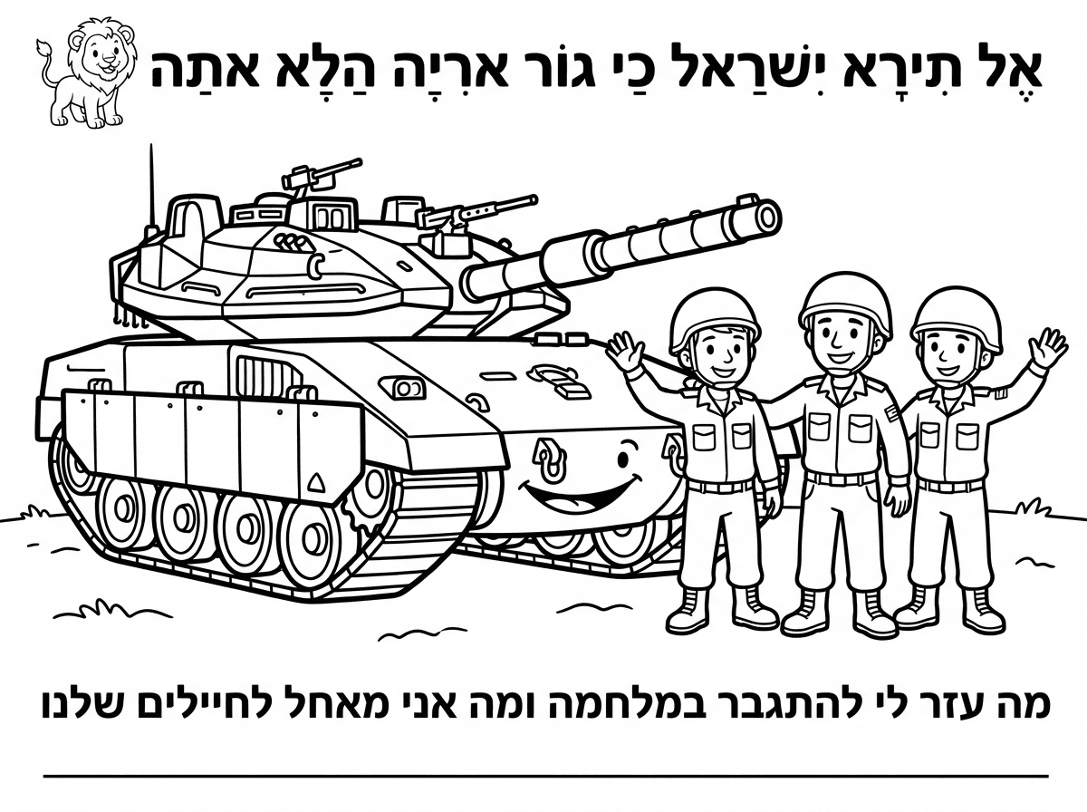 תכין לי בבקשה דף צביעה לילדי גן שמצויר עליו טנק של צה"ל ולידו 3 חיילים בנים.
למעלה לכתוב- אל תירא ישראל כי גור אריה הלא אתה וציור של אריה קטן מחייך.

למטה כיתוב- מה עזר לי להתגבר במלחמה ומה אני מאחל לחיילים שלנו