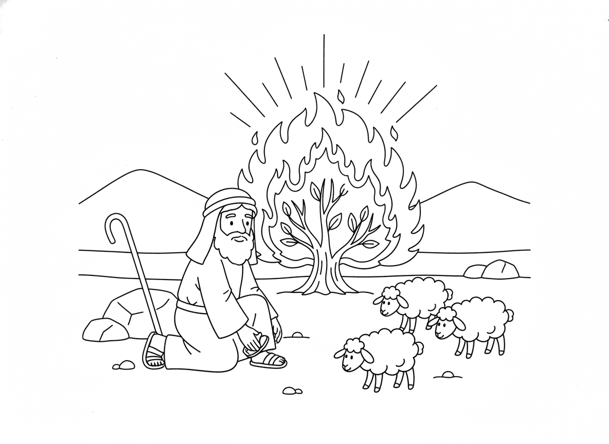 הסנה הבוער - משה עומד מול הסנה הבוער בהר סיני, הסנה בוער אך לא נשרף, משה חולץ נעליו, כבשים בקרבת מקום, נוף הר מדברי, אור אלוהי