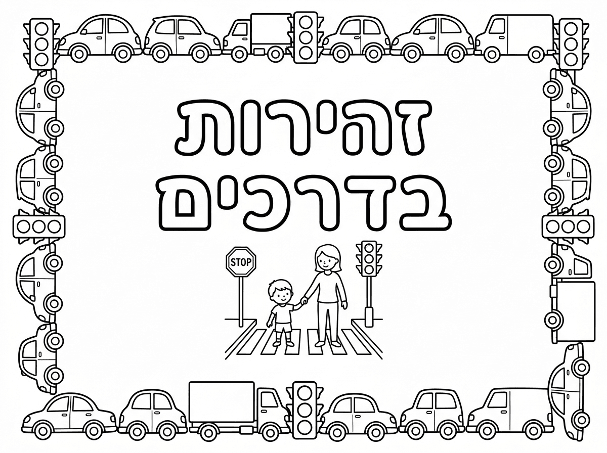 תיצור לי בבקשה דף צביעה
עם הכיתוב זהירות בדרכים עם מסגרת של ציורים של מכוניות ורמזורים