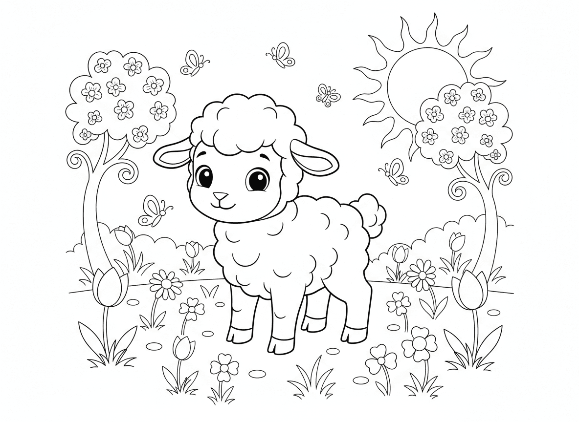 שה פסח חמוד - שה פסח חמוד ורך עומד באחו, פרחים סביב, הבעה שלווה, רקע אביבי עם עצים פורחים, פרפרים, שמש חמימה