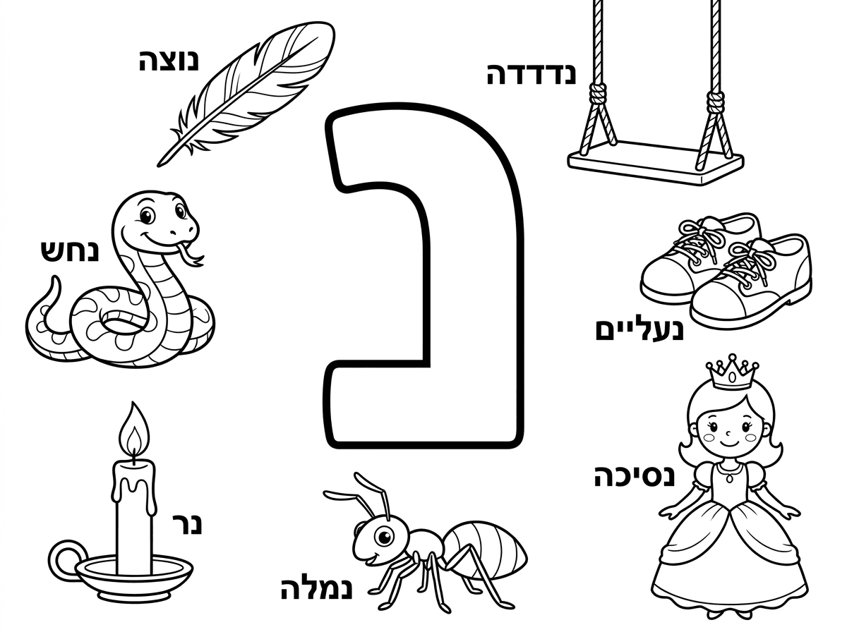 תכין לי דף צביעה שבאמצע האות נ 
ומסביבה דברים שמתחילים באות נ 
נמלה
נחש
נדנדה
נעליים
נוצה 
נסיכה
נר