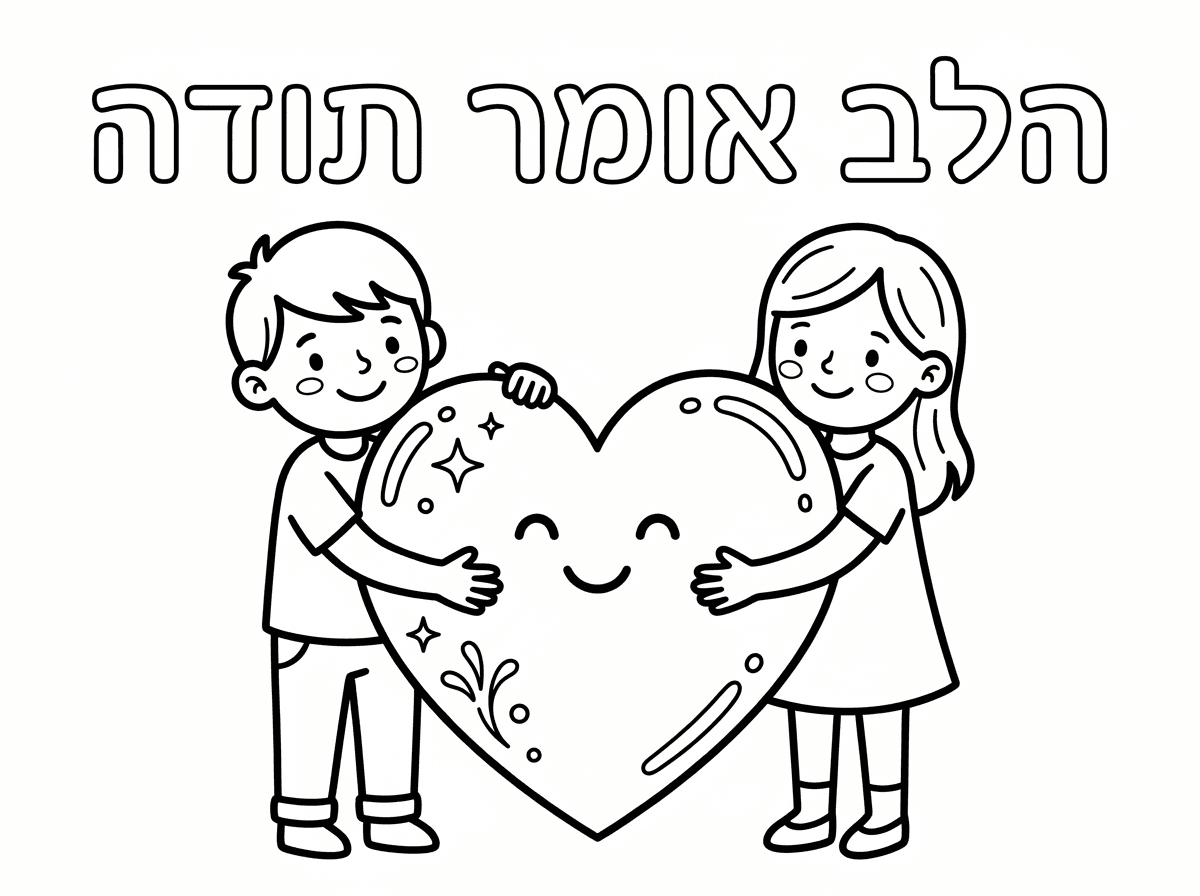 אני רוצה דף שכתוב בו הלב אומר תודה וילד וילדנ מחבקים לב