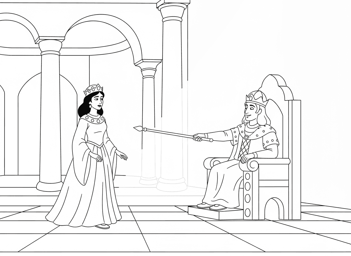 אסתר ניגשת למלך באומץ - אסתר ניגשת באומץ לחדר כס המלכות של אחשוורוש ללא הזמנה, לובשת את בגדיה הטובים ביותר, עצבנית אך נחושה, שרביט זהב מושט אליה, אולם ארמון דרמטי, קרן אור