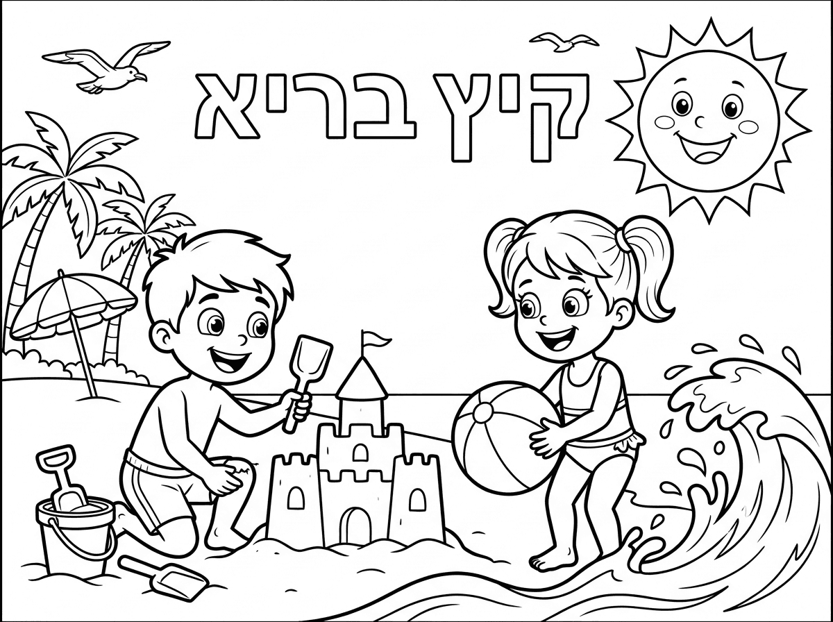 דף צביעה בנושא הקיץ
ילד וילדה משחקים ונהנים וכתוב קיץ בריא