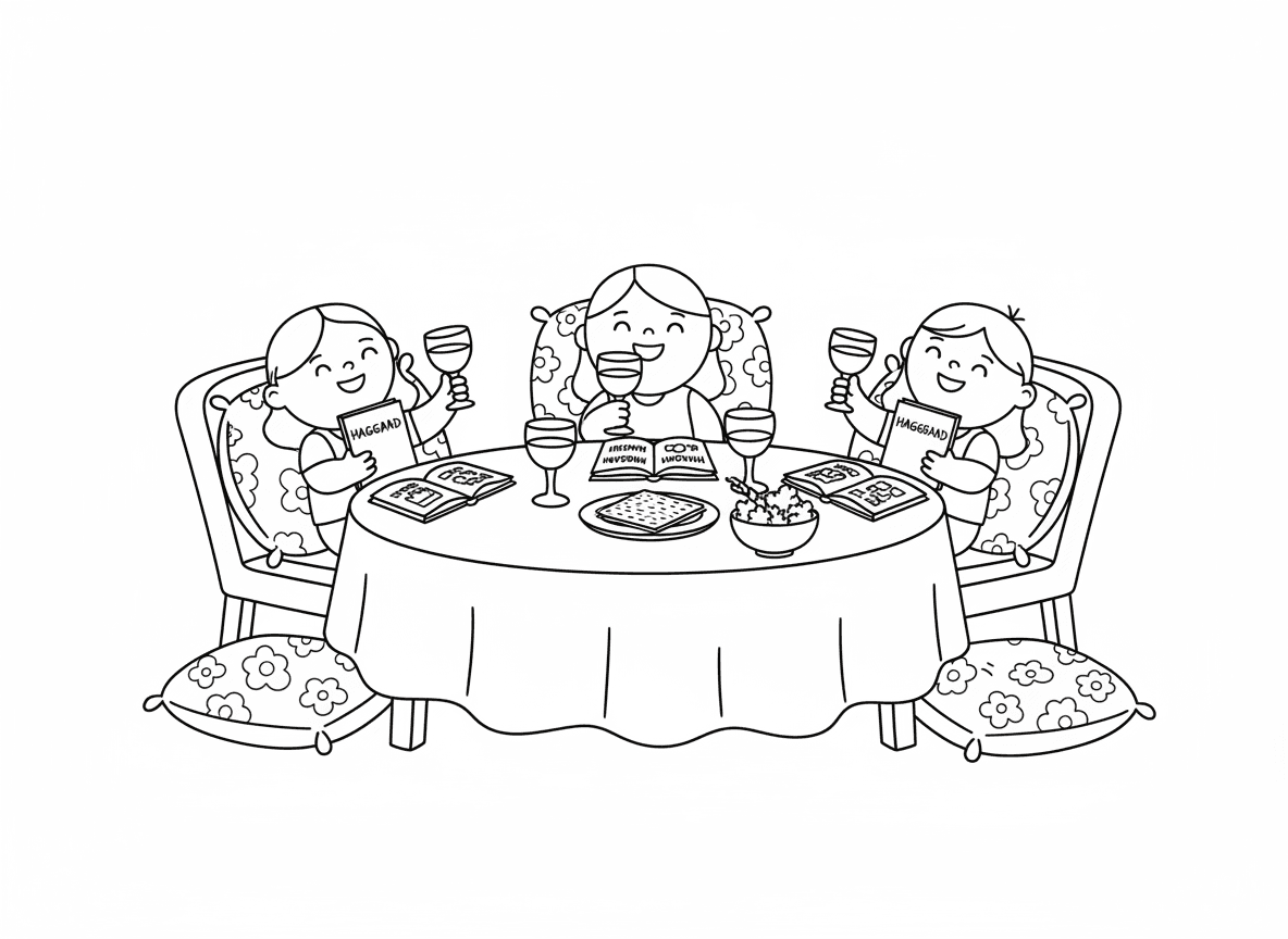 הסבה על כריות בסדר - אנשים מסובים על כריות מפוארות בשולחן הסדר, נשענים שמאלה כבני חורין, נוחים ושמחים, כיסאות מרופדים, כוסות יין, הגדה, מסגרת חגיגית