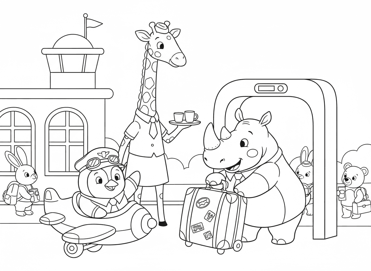 שדה תעופה של חיות
פינגווין טייס, ג’ירפה דיילת, וקרנף עם מזוודה ענקית שמנסה לעבור בשער.