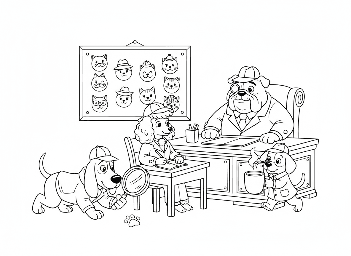 סוכנות בלשים של כלבים - כלבים במעילי גשם וכובעי בלש, בלדהאונד מרחרח רמזים עם זכוכית מגדלת, פודל רושם הערות, בולדוג כבוס התקיף, גור כמתמחה נושא קפה, וקיר תמונות חשודים עם חתולים