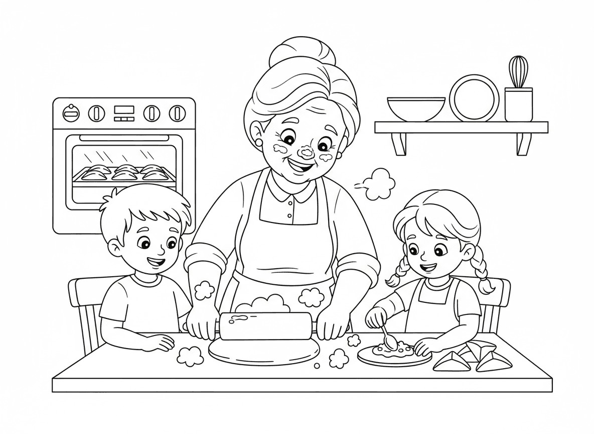 מכינים אוזני המן ביחד - סבתא ונכדים מכינים אוזני המן ביחד במטבח, מרדדים בצק, מוסיפים מילוי, מקפלים משולשים, קמח על האף, סצנת בישול משפחתית חמה, תנור ברקע