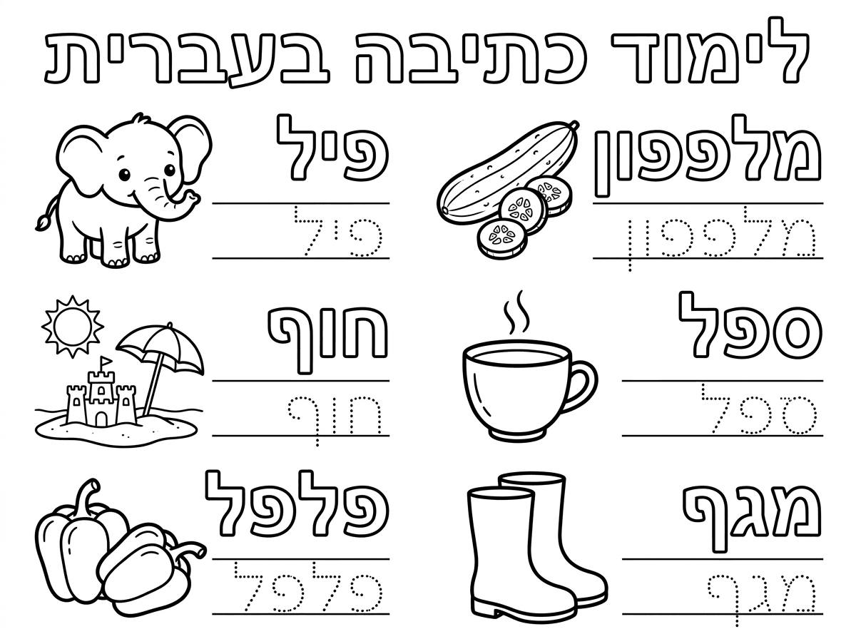 צור בבקשה דף אימון כתיבה על המילים הבאות:
פיל, חוף, פלפל, מלפפון, ספל, מגף