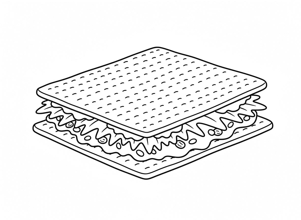 כריך מרור וחרוסת - כריך הלל (כורך) עשוי מצה, מרור (חזרת) וחרוסת, מוצג גדול ומפורט, חתיכות מצה כלחם, עשבי תיבול נראים, חרוסת תפוחים ואגוזים