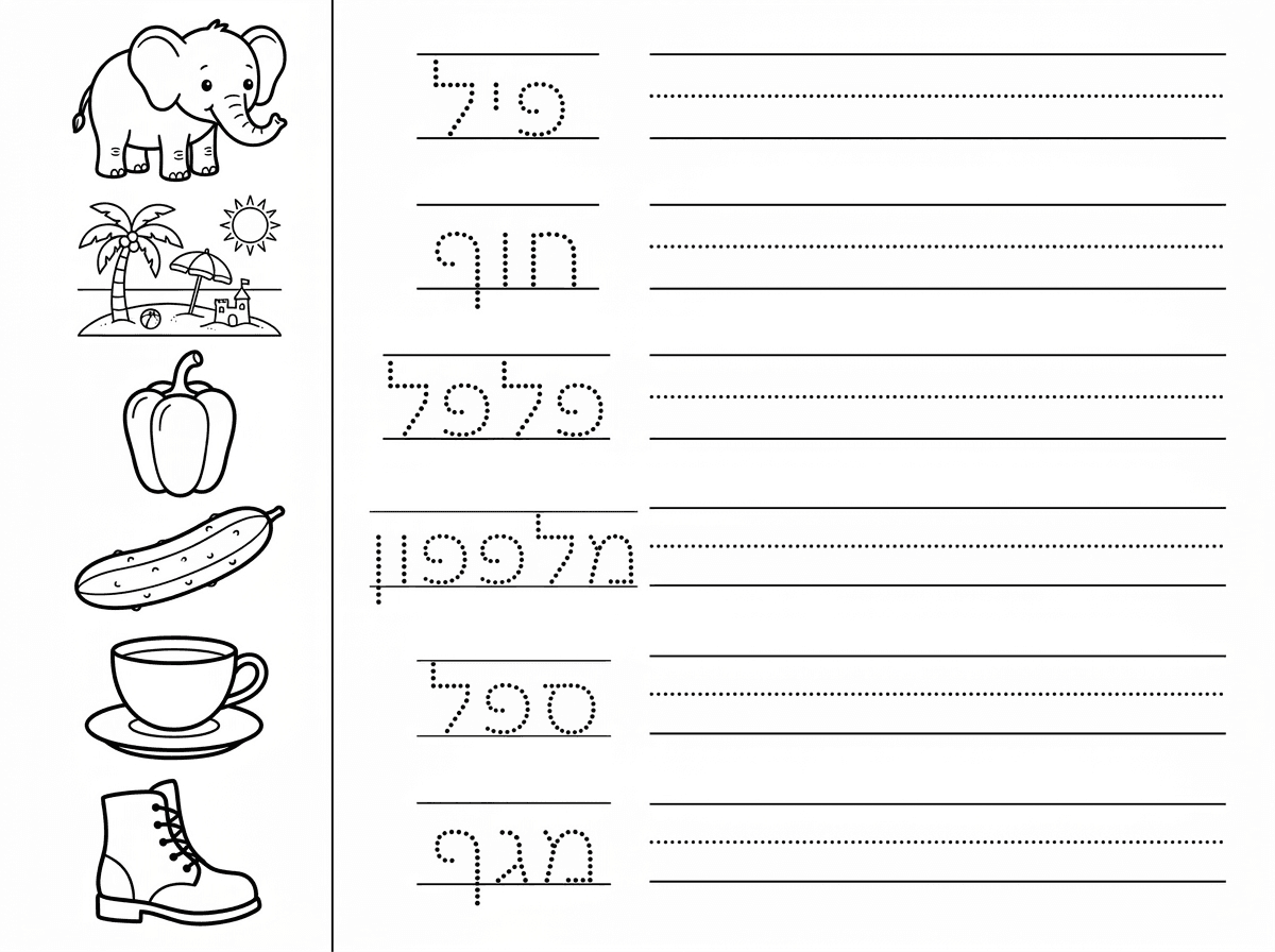 בוקר טוב,
צור בבקשה דף אימון כתיבה על המילים הבאות:
פיל, חוף, פלפל, מלפפון, ספל, מגף
סדר את המילים בצד הימני של הדף,
השאר מספיק מקום כדי לכתוב כל מילה מספר פעמים.
הוסף ציור מתאים בצד שמאל של הדף.