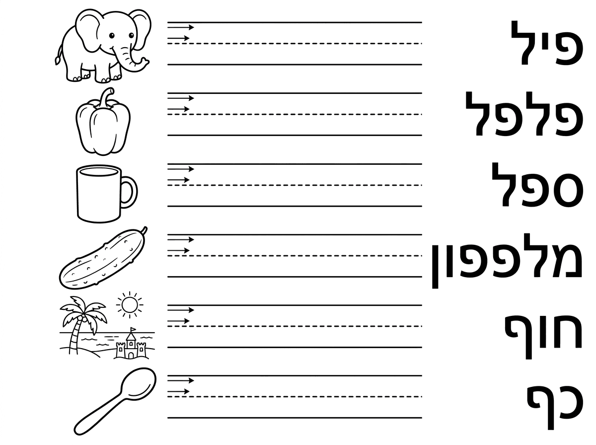 בוקר אור, 
צור בבקשה דף אימון בכתיבה.
בצד ימין של הדף כתוב את המילים הבאות:
פיל, פלפל, ספל, מלפפון, חוף, כף.
מול כל מילה צור קוים עליהם יכתבו את המילים,
הוסף כמה ציורים מתאימים למילים