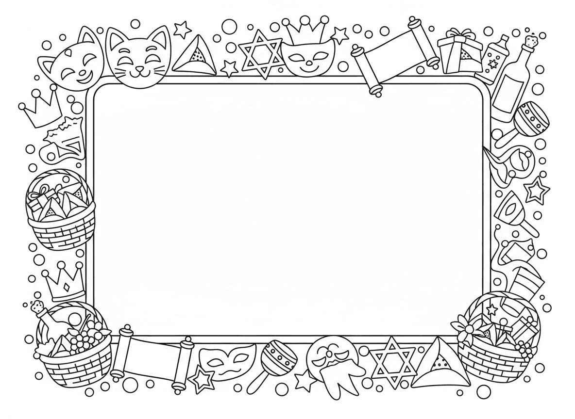 מסגרת סמלי פורים - מסגרת דקורטיבית עשויה מסמלי פורים: מסכות, אוזני המן, רעשנים, כתרים, מגילות, כוכבים, קונפטי, בקבוקי יין, סלסלות מתנות, מרכז ריק לצביעה