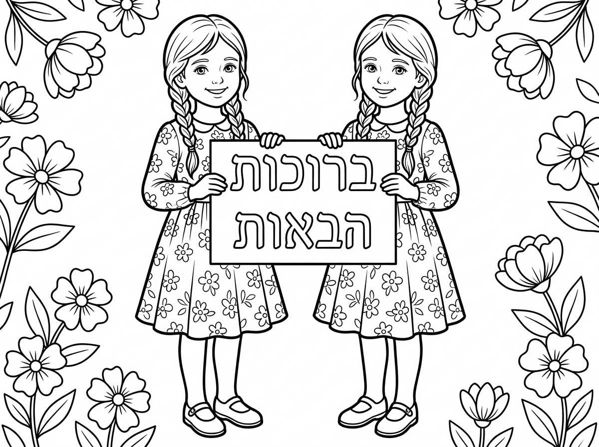 שתי ילדות עם צמות
שמלות פרחוניות
שמכסות את המרפק והברך 
גרביונים ונעלי בובה

מחזיקות שלט שכתוב

ברוכות הבאות