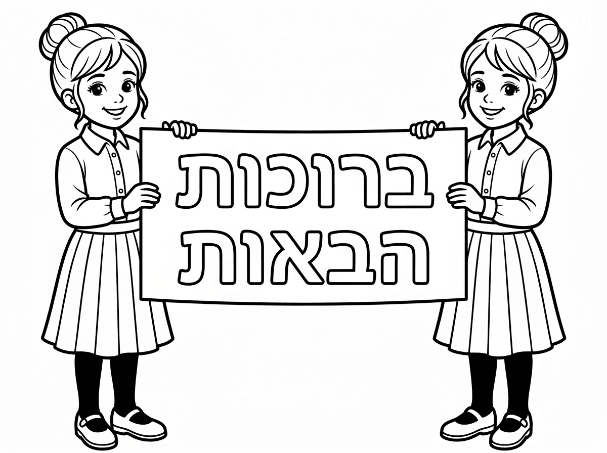 עכשיו שתי ילדות עם תסרוקת אסופה
חולצה מכופתרת שמכסה את המרפק
וחצאית כפלים שמכסה את הברכיים

גרביונים ונעלי בובה

מחזיקות שלט

ברוכות הבאות