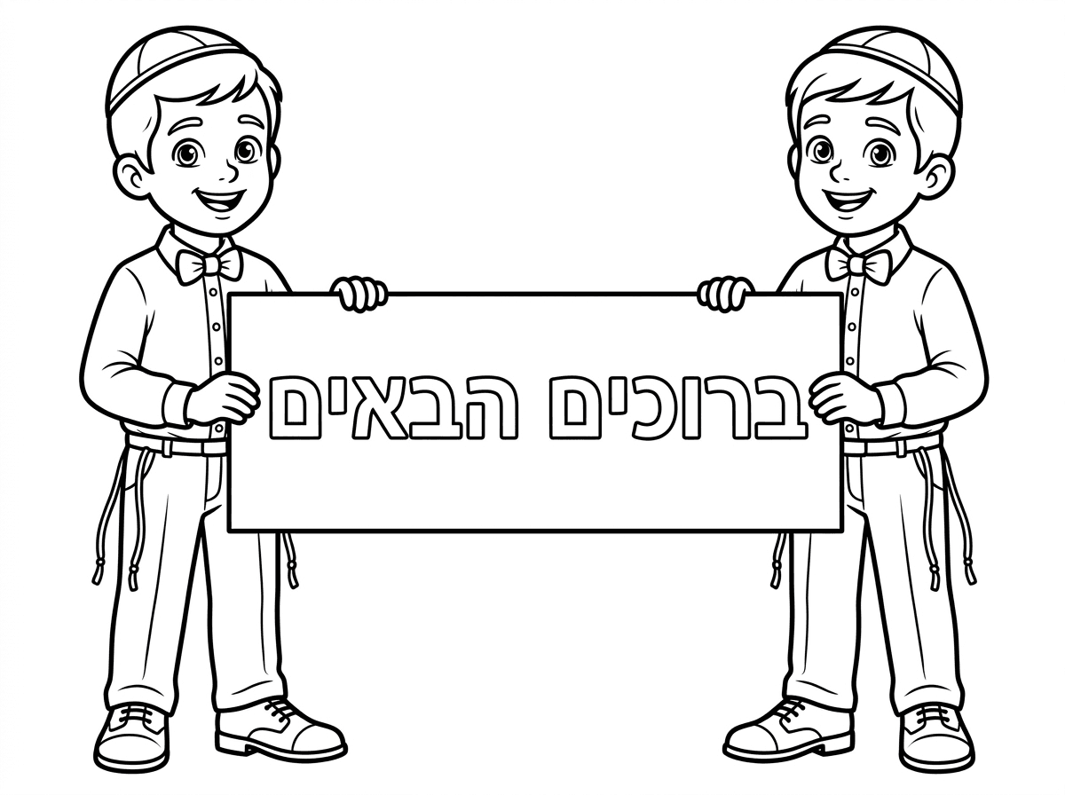 עכשיו
שני ילדים עם כיפות
מכנסיים ארוכים
חוטי ציצית

חולצה מכופתרת
פפיון בחולצה 
ונעלי שבת אלגנט סגור 
כתוב בשלט 
ברוכים הבאים