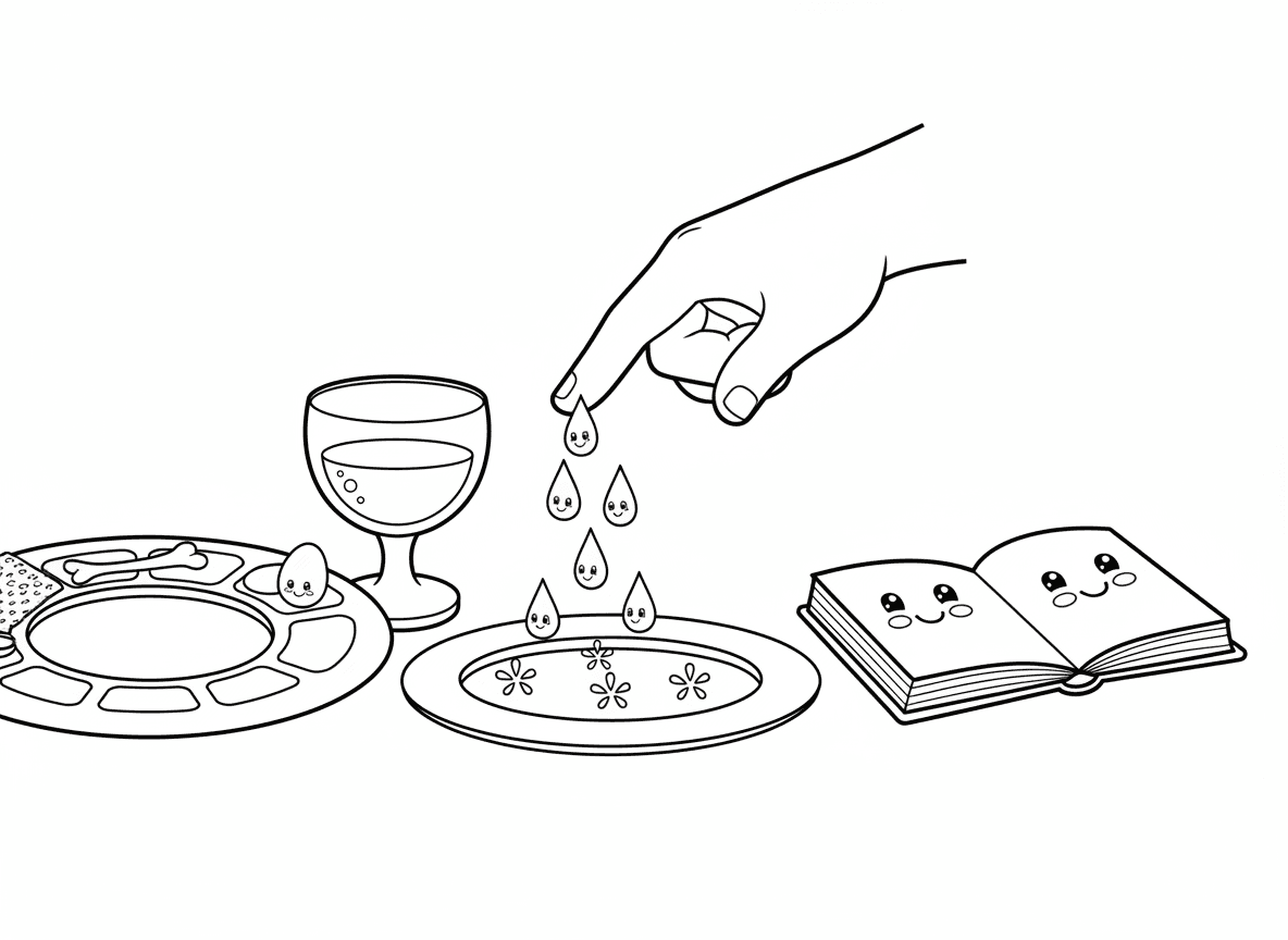 עשר מכות טיפות יין - אצבע טובלת בכוס יין ומטפטפת טיפות יין על צלחת, סופרים את עשר המכות, כל טיפה עושה התזה זעירה, קערת סדר בקרבת מקום, הגדה פתוחה