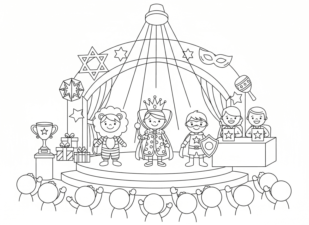 תחרות תחפושות פורים על הבמה - ילדים על הבמה בתחרות תחפושות פורים, שופטים עם כרטיסי ניקוד, זרקור, כל ילד בתחפושת ייחודית ויצירתית, קהל מוחא כפיים, גביע ופרסים, קישוטי במה