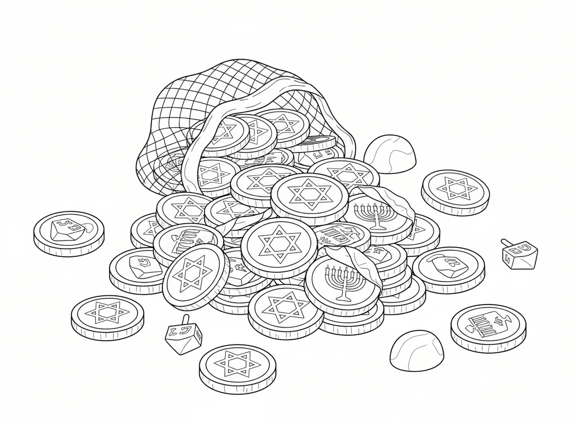 מטבעות שוקולד דמי חנוכה - ערימת מטבעות שוקולד דמי חנוכה בעטיפת זהב וכסף (לא צבוע), חלקם פתוחים מראים שוקולד בפנים, שקית רשת, חנוכייה וסביבון מוטבעים על המטבעות, פיזור חגיגי