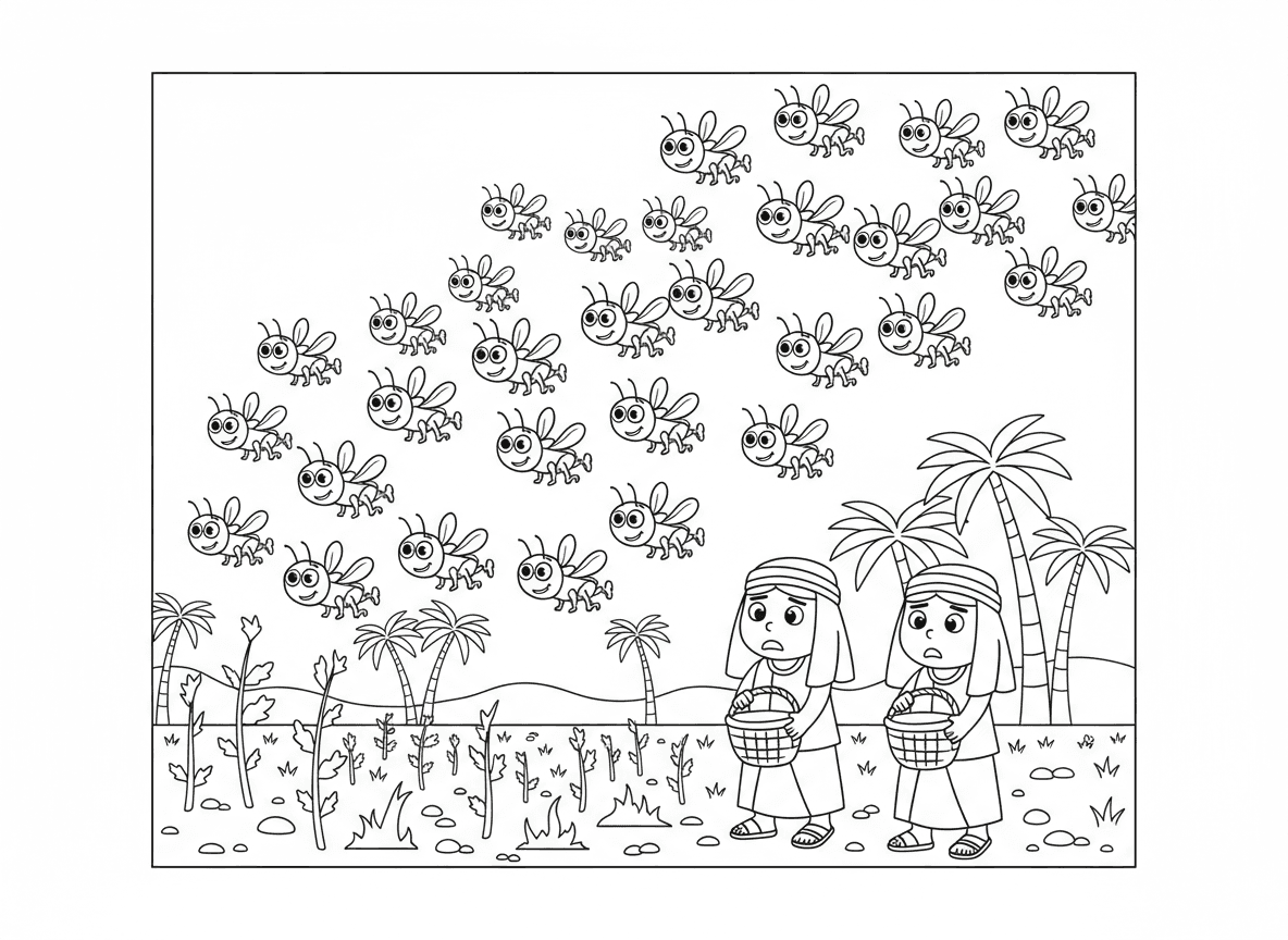 מכת ארבה - סצנה דרמטית וידידותית לילדים של מכת הארבה, נחילי ארבה חמודים בסגנון מצויר עפים מעל שדות מצרים, אוכלים את כל היבולים, חקלאים מצריים מודאגים, דקלים, שמיים כחולים