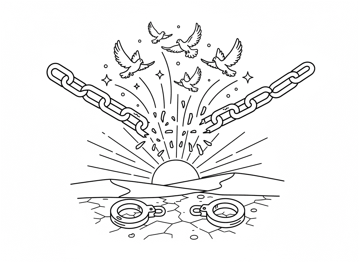 חירות ושרשראות נשברות - סצנה עוצמתית של שרשראות נשברות המסמלות חירות מעבדות, אור פורץ, יונים עפות חופשיות, זריחה מעל מדבר, אווירה מלאת תקווה, כבלים שבורים