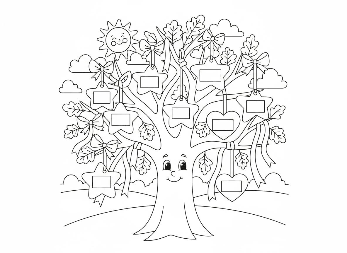 עץ משאלות לשנה חדשה - עץ דקורטיבי עם כרטיסי משאלות לשנה חדשה תלויים מענפים כמו קישוטים, כל כרטיס עם ברכה מכיל מקום ריק לכתוב בו, סרטים צבעוניים, עלי סתיו, שמיים כחולים
ללא טקסט בדף צביעה