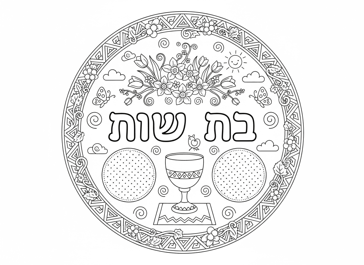 עיצוב כרטיס ברכה לפסח - עיצוב כרטיס ברכה יפה לפסח עם חג פסח שמח בעברית, מעוטר במצה, כוס יין, פרחים, אלמנטים אביביים, פרפרים, מסגרת מעוטרת, צבעים חגיגיים