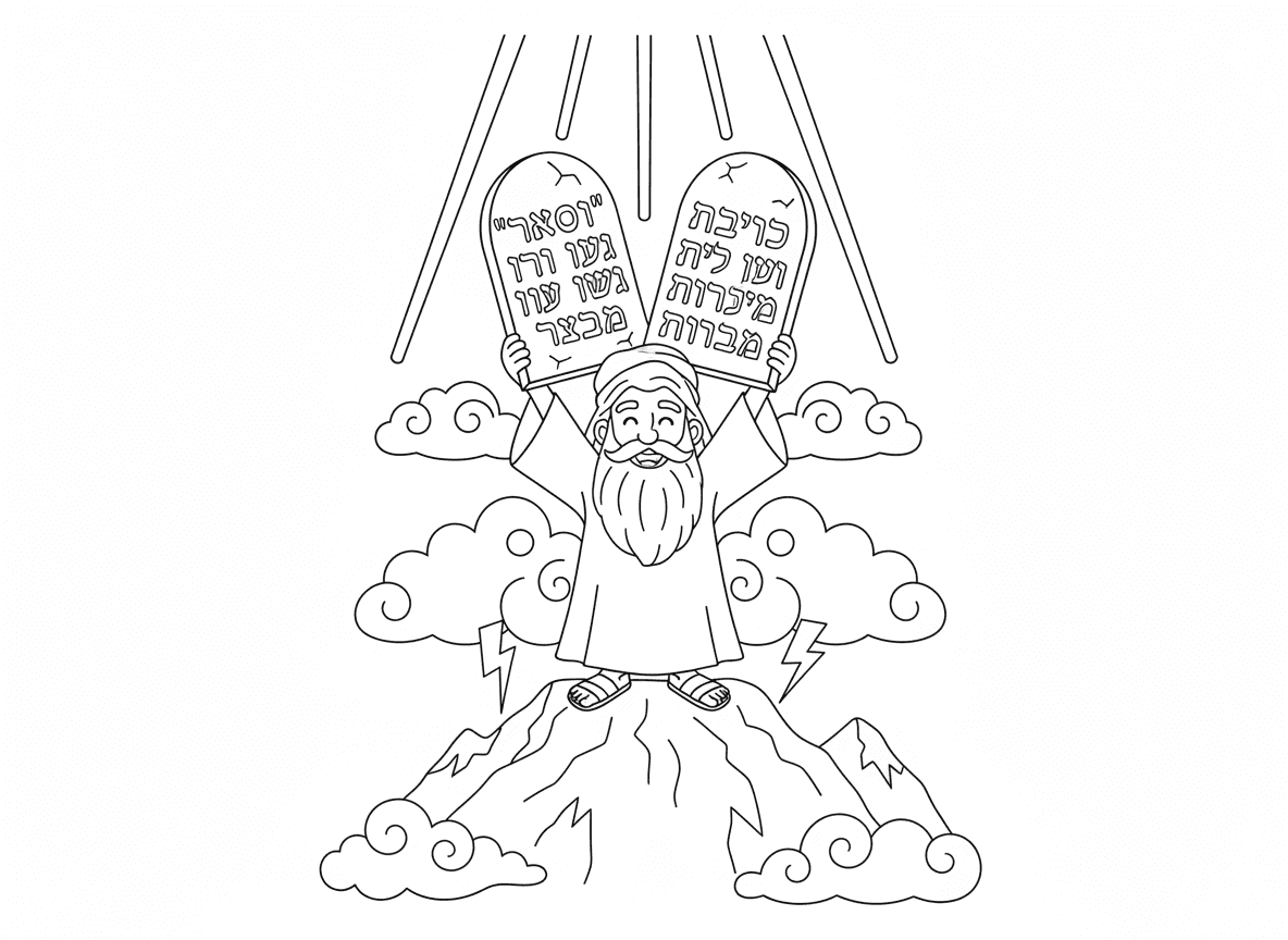 משה ולוחות הברית - משה מחזיק את שני לוחות הברית עם עשרת הדיברות על הר סיני, פסגת הר דרמטית, עננים וברקים, אור אלוהי מלמעלה, טקסט עברי על הלוחות