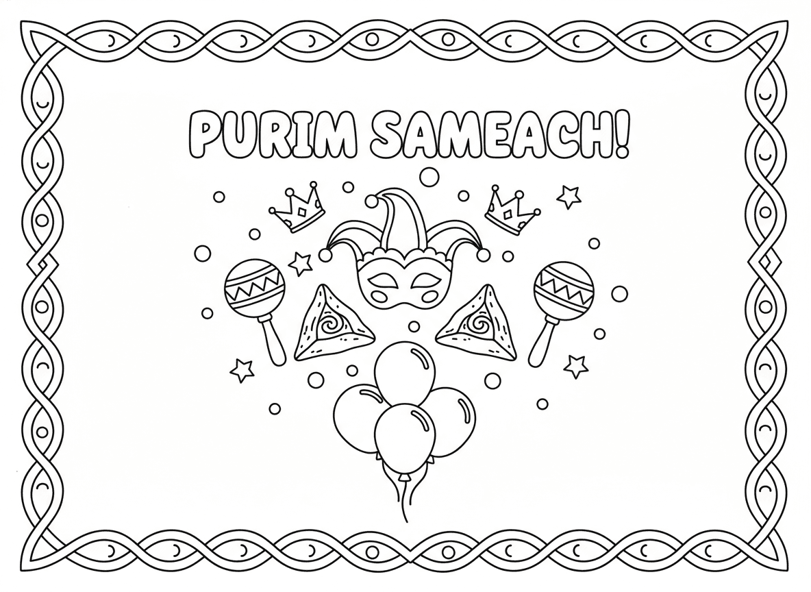 עיצוב ברכת פורים שמח - עיצוב כרטיס ברכת פורים שמח צבעוני עם פורים שמח , מעוטר במסכות, אוזני המן, רעשנים, כתרים, קונפטי, בלונים, כוכבים, מסגרת חגיגית, צבעים בהירים